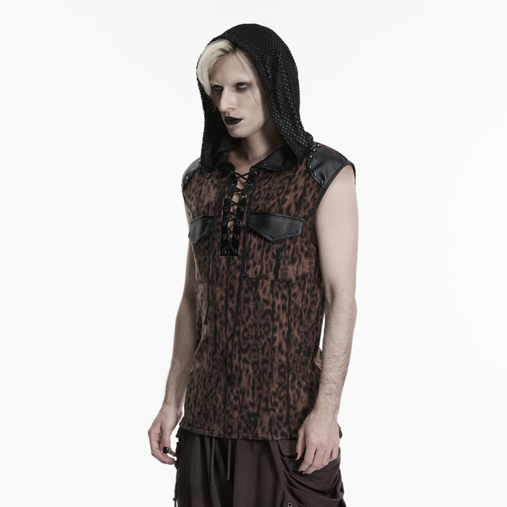 black coffee leopard punk t shirt hood studded shoulders glossy rubberized leather mesh elastic knit gothic alternative fashion top edgy streetwear animal print punk clothing