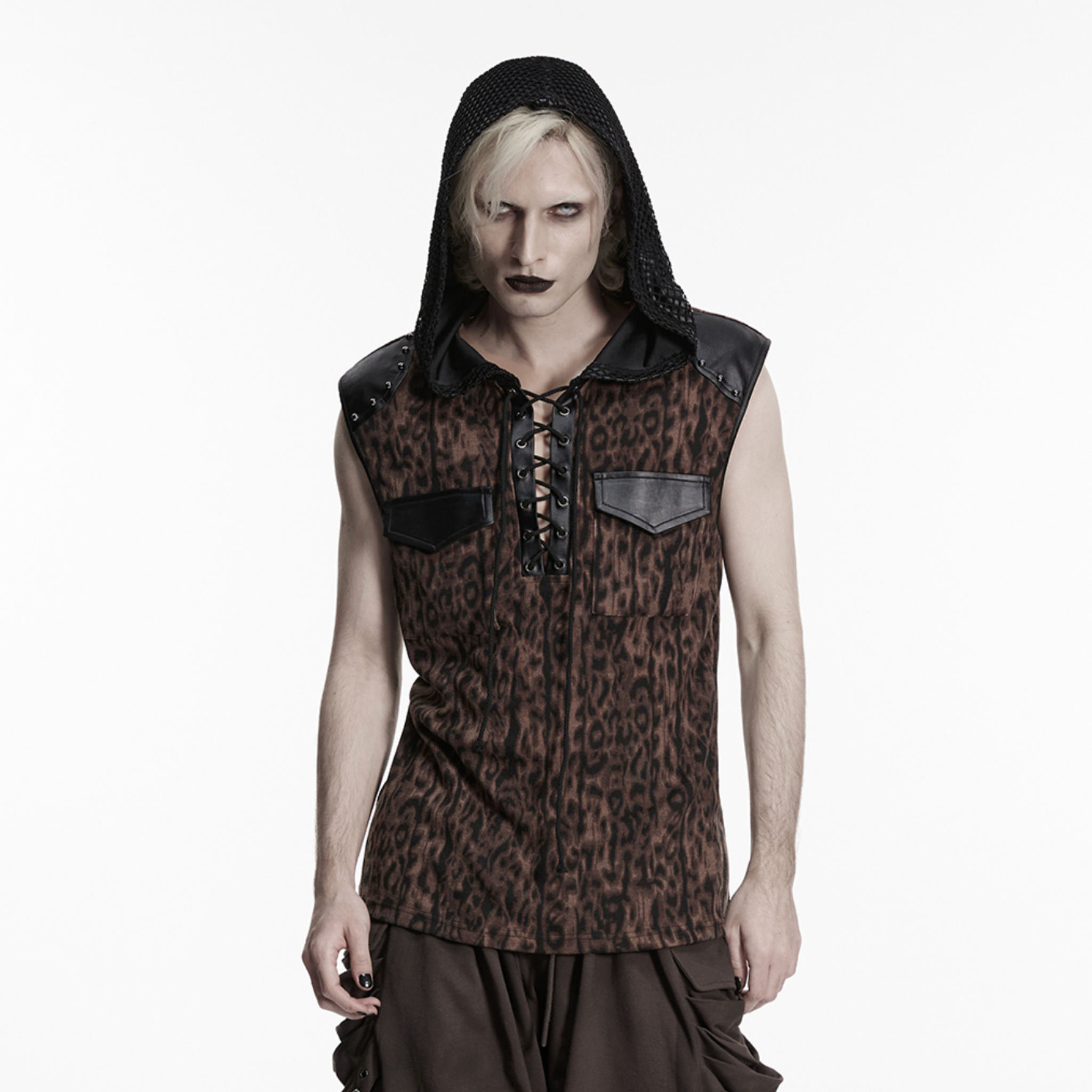 black coffee leopard punk t shirt hood studded shoulders glossy rubberized leather mesh elastic knit gothic alternative fashion top edgy streetwear animal print punk clothing