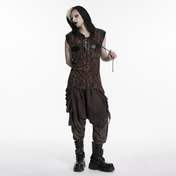 black coffee leopard punk t shirt hood studded shoulders glossy rubberized leather mesh elastic knit gothic alternative fashion top edgy streetwear animal print punk clothing