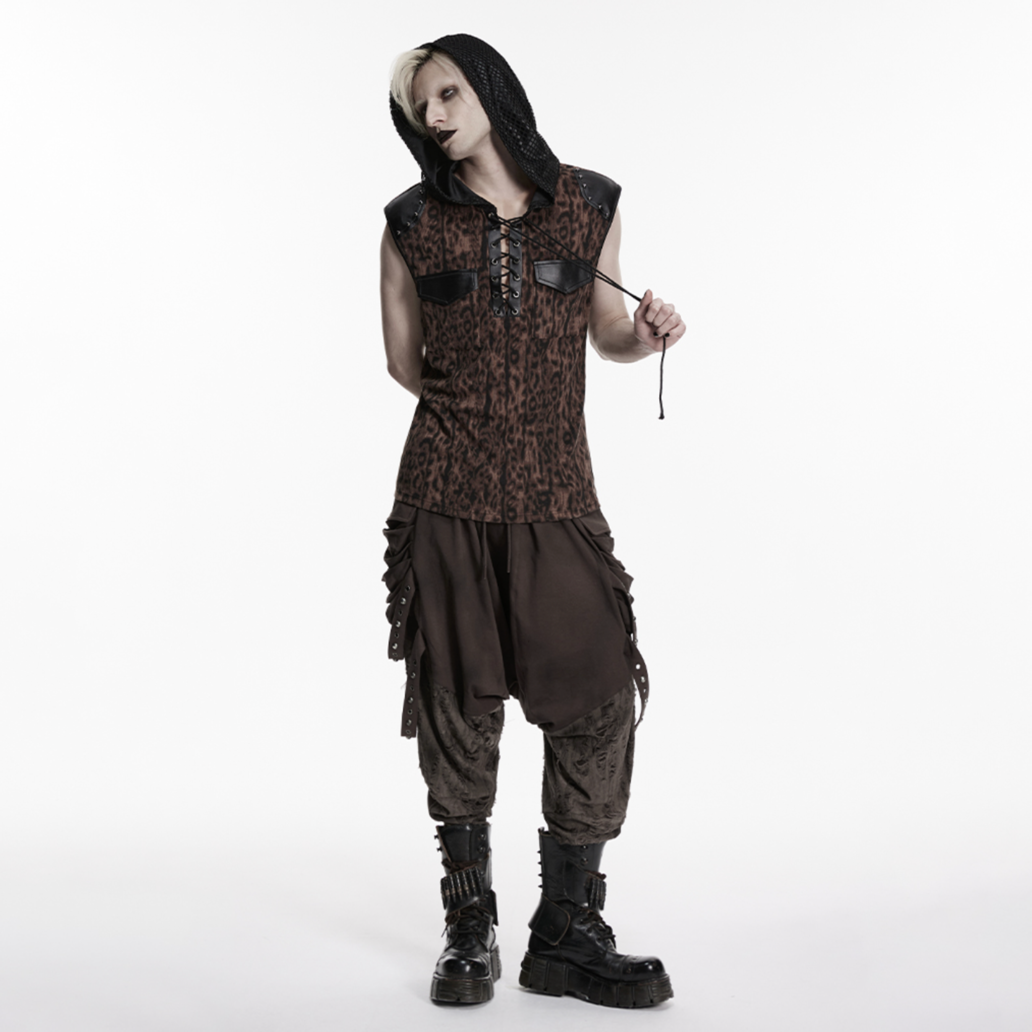 black coffee leopard punk t shirt hood studded shoulders glossy rubberized leather mesh elastic knit gothic alternative fashion top edgy streetwear animal print punk clothing