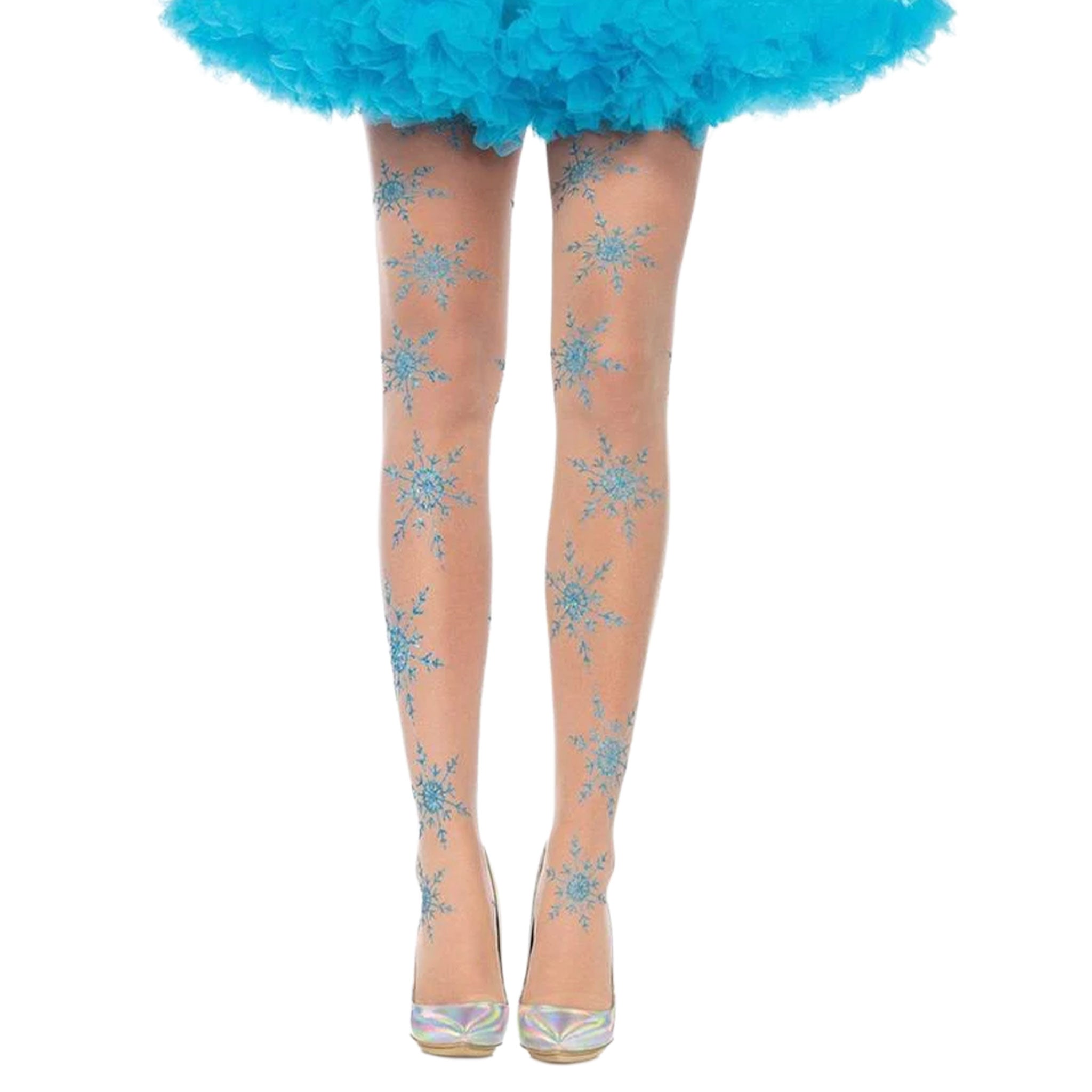 Nylon Spandex glitter sheer see-through see-thru accessories intimates hosiery snowflake adorable flattering fun festive charming stretchy soft smooth costume cosplay holiday-fashion holiday-season halloween ice-queen female femme feminine womens blue nude