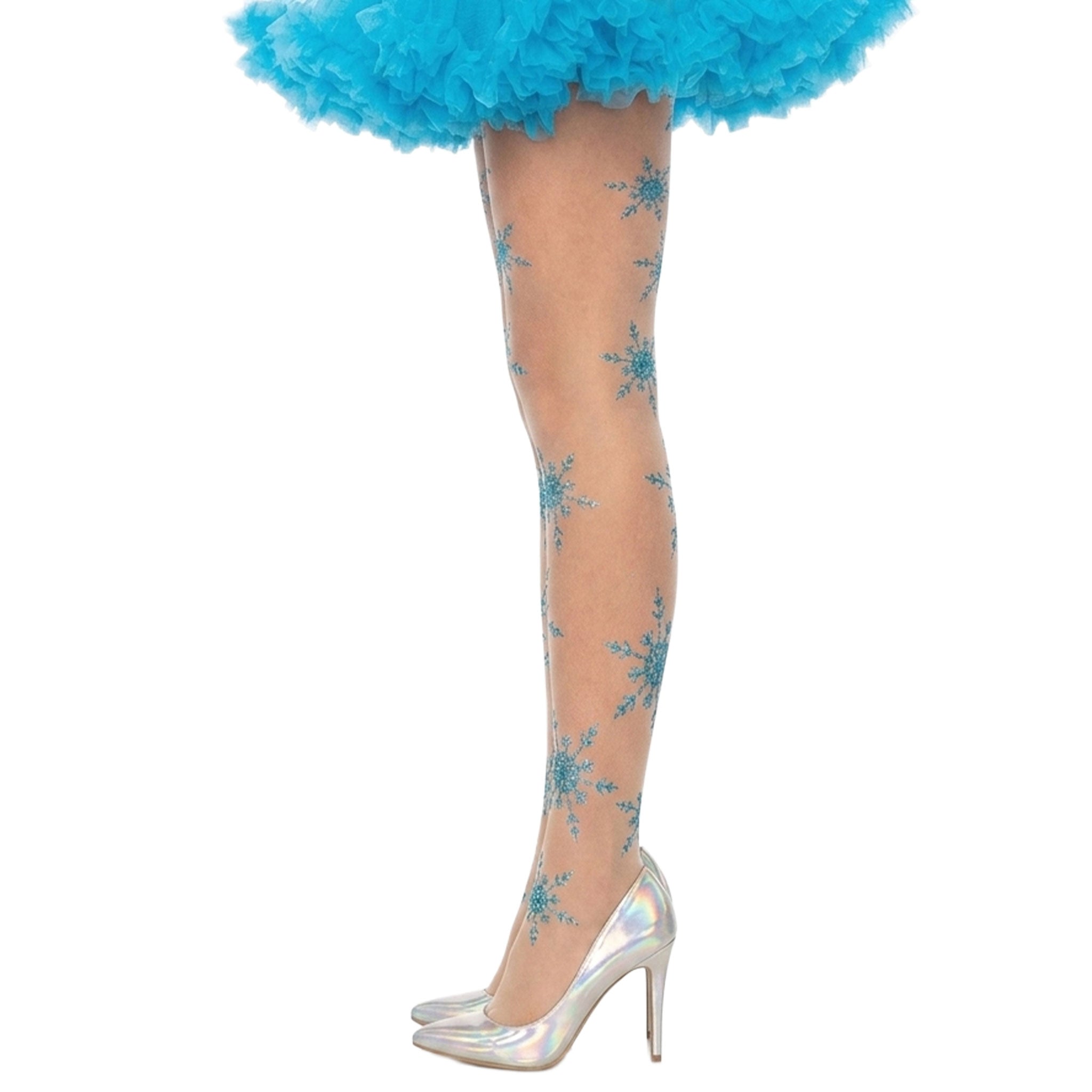 Nylon Spandex glitter sheer see-through see-thru accessories intimates hosiery snowflake adorable flattering fun festive charming stretchy soft smooth costume cosplay holiday-fashion holiday-season halloween ice-queen female femme feminine womens blue nude