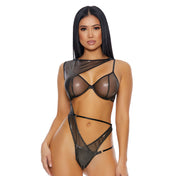 Polyester elastane Spandex mesh sheer transparent intimates lingerie teddy one-piece bodysuit body-suit metallic asymmetrical hook-and-eye female femme feminine women ravewear rave-wear clubwear club-wear rave festival unique black