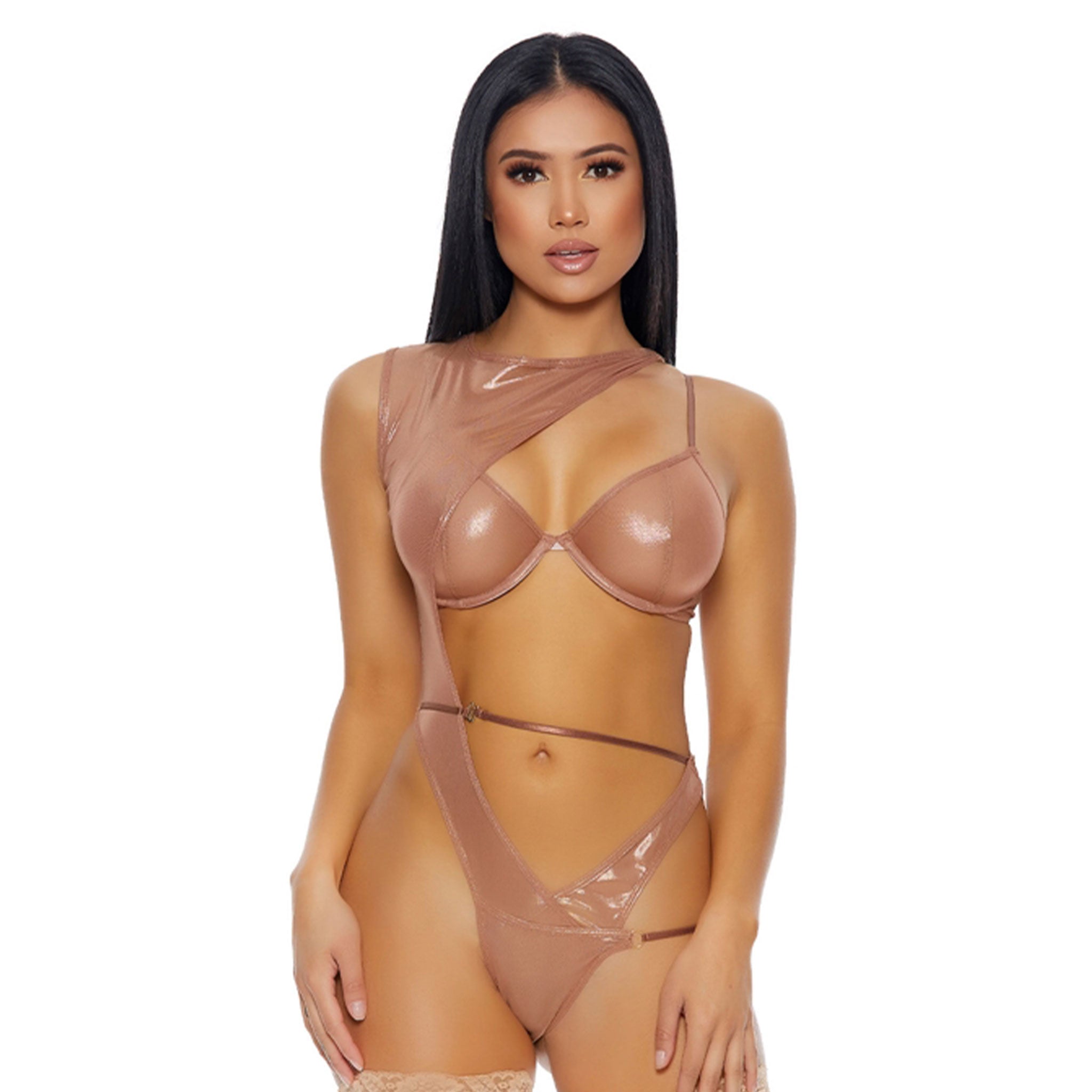 Polyester elastane Spandex mesh sheer transparent intimates lingerie teddy one-piece bodysuit body-suit metallic asymmetrical hook-and-eye female femme feminine women ravewear rave-wear clubwear club-wear rave festival unique rose-gold