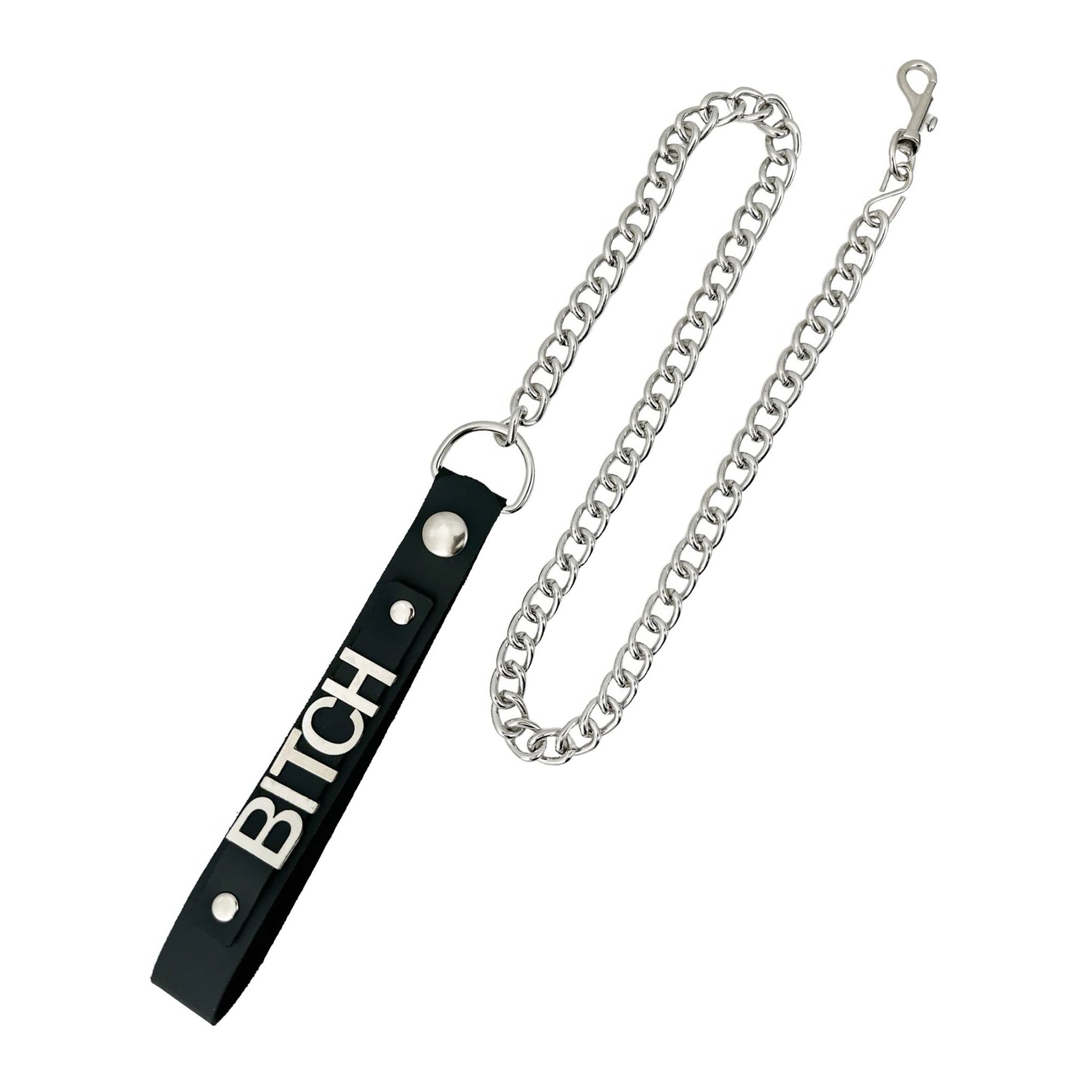 Leather genuine loop handle metal metallic chain leash lead trigger-clip D-ring swivel-clip keychain key-chain key dual-layer stainless-steel letters words statement ID bdsm bondage kink kinky kinky-play pet-play accessories black bitch