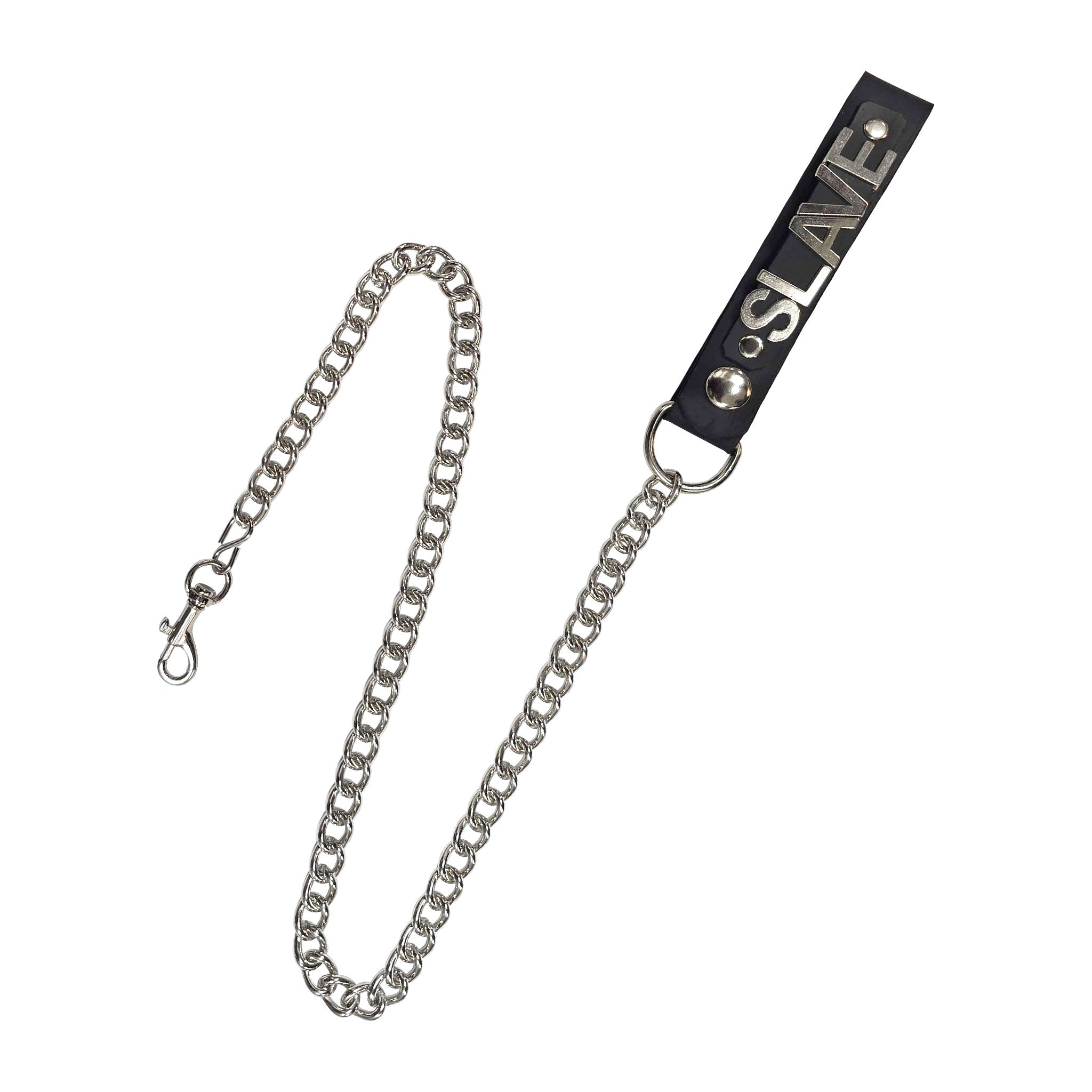 Leather genuine loop handle metal metallic chain leash lead trigger-clip D-ring swivel-clip keychain key-chain key dual-layer stainless-steel letters words statement ID bdsm bondage kink kinky kinky-play pet-play accessories black slave