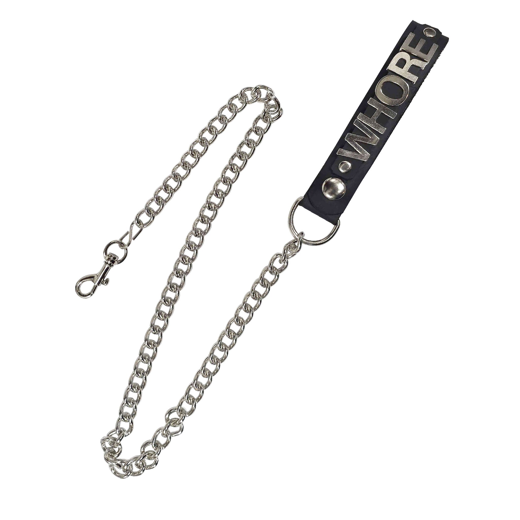 Leather genuine loop handle metal metallic chain leash lead trigger-clip D-ring swivel-clip keychain key-chain key dual-layer stainless-steel letters words statement ID bdsm bondage kink kinky kinky-play pet-play accessories black whore