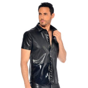 PVC vinyl leather faux-leather apparel top shirt shortsleeve short-sleeve sleeves sleeved collared lapel-collar button-down button-up lapel-pocket shiny glossy matte fetish fashion alt-fashion alternative punk goth gothic cyber casual everyday clubbing clubwear kink kinky kinkwear male masculine masc mens guys dudes black