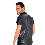 PVC vinyl leather faux-leather apparel top shirt shortsleeve short-sleeve sleeves sleeved collared lapel-collar button-down button-up lapel-pocket shiny glossy matte fetish fashion alt-fashion alternative punk goth gothic cyber casual everyday clubbing clubwear kink kinky kinkwear male masculine masc mens guys dudes black