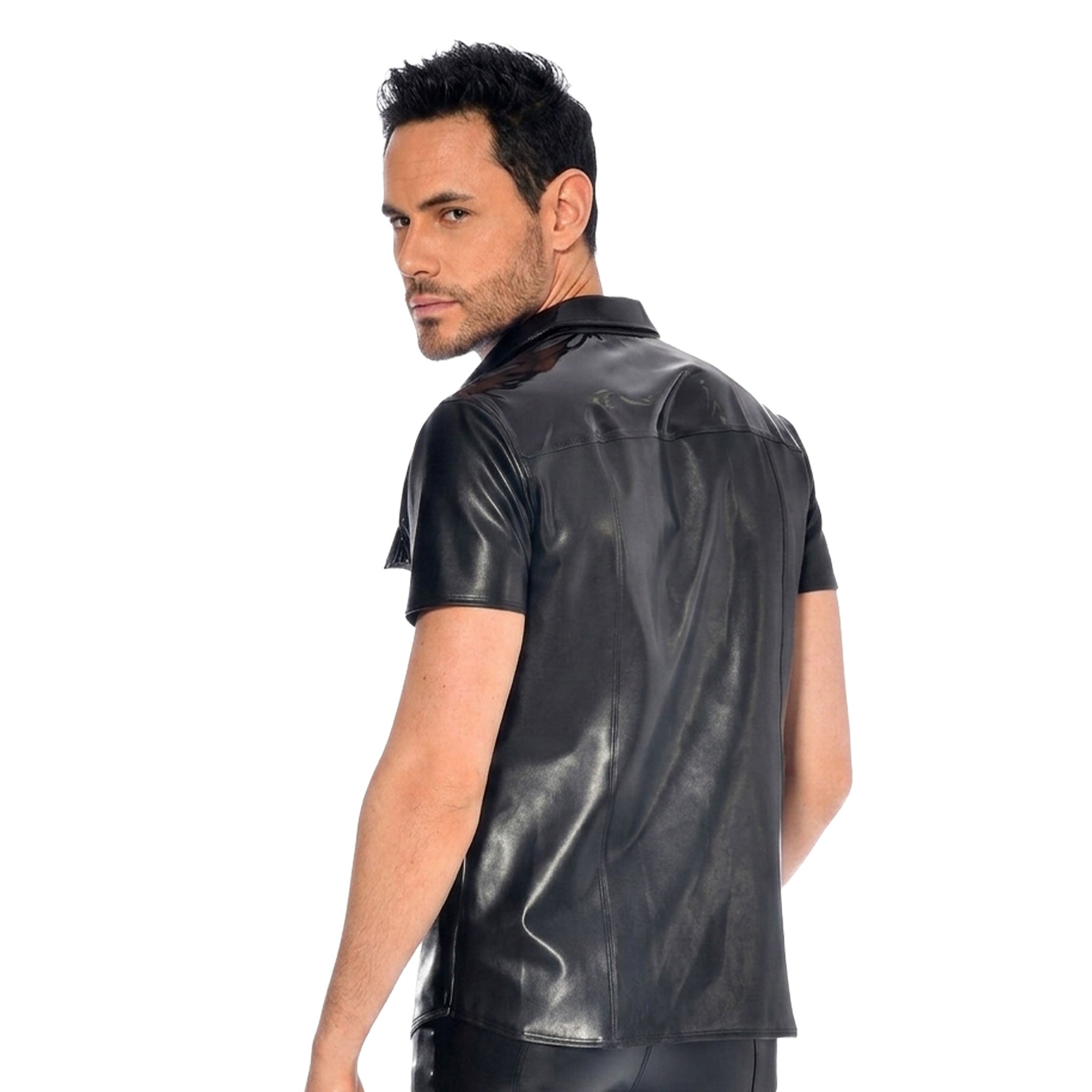 PVC vinyl leather faux-leather apparel top shirt shortsleeve short-sleeve sleeves sleeved collared lapel-collar button-down button-up lapel-pocket shiny glossy matte fetish fashion alt-fashion alternative punk goth gothic cyber casual everyday clubbing clubwear kink kinky kinkwear male masculine masc mens guys dudes black
