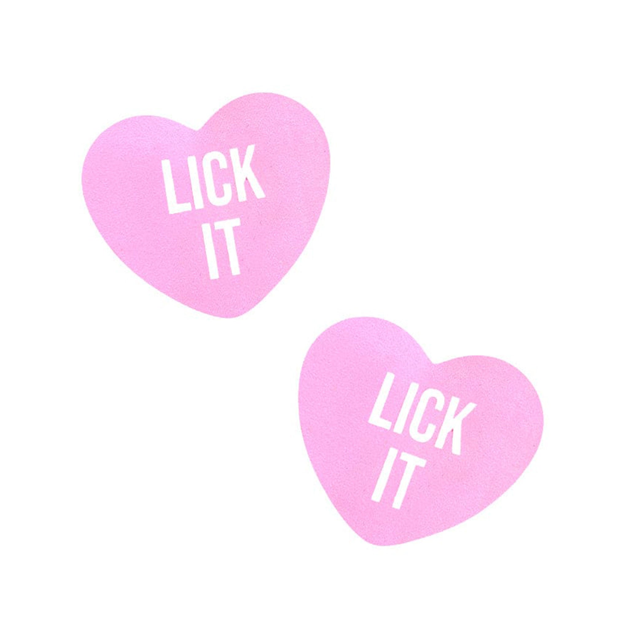 Swimsuit-material adhesive accessories intimates pasties nipple-pasties nipple-covers breast-petals breast-shields heart heart-shaped candy-heart statement lick-it sexy sweet blacklight-reactive uv-glow fashion alt-fashion alternative bedroom dungeon festival rave raver-babe kink kinky kinkwear costume cosplay halloween halloween-accessories valentines be-mine gifts female femme feminine womens pink pastel-pink