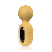Yellow silicone vibrating wand with flexible neck and glass handle.
