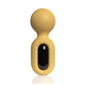 Yellow silicone vibrating wand with flexible neck and glass handle.