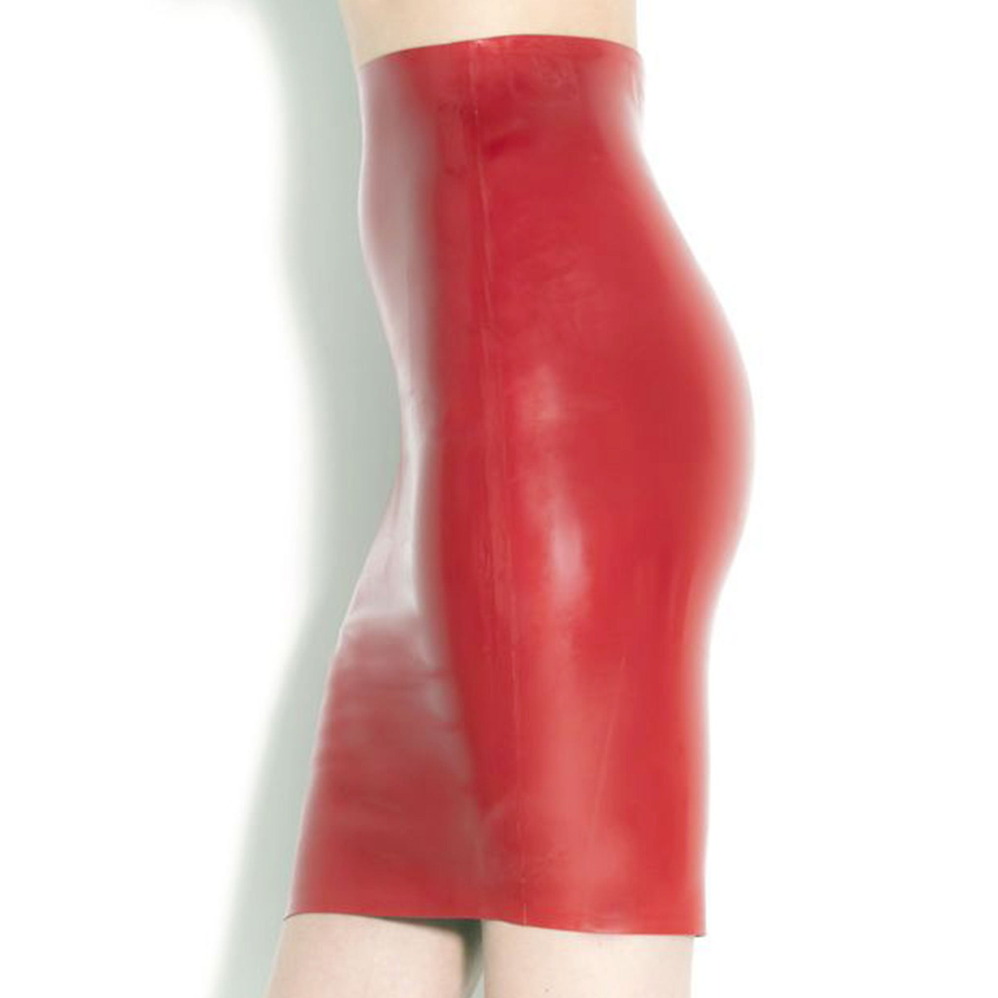 Latex rubber skirt midi-skirt midiskirt knee-length pencil-cut second-skin pull-on pullon stretchy deviant sexy secretary mistress saucy fantasy elegant fetish fashion alt-fashion kink kinky female femme feminine women red lipstick-red