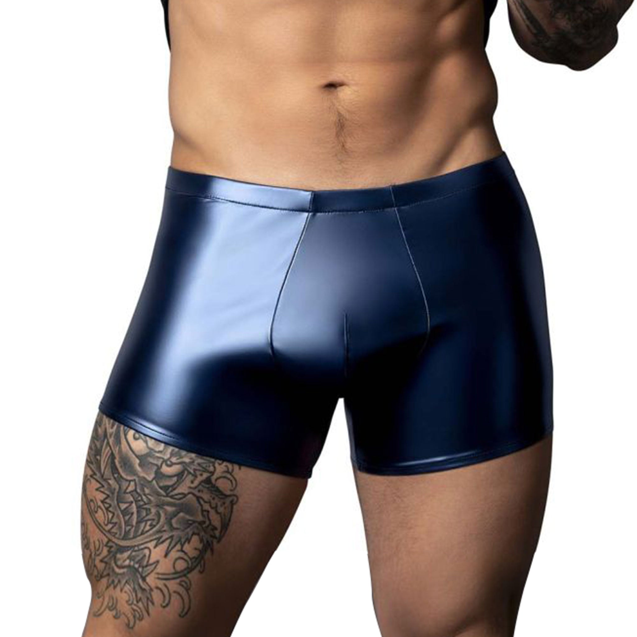 Polyester polyurethane Spandex wetlook wet-look bottoms intimates lingerie shorts boxer-shorts underwear high-cut low-cut comfort-pouch contoured-pouch full-coverage supportive-fit smooth shiny sexy alt-fashion daring rave club ravewear festival dancewear male masculine masc mens menswear guys dudes blue metallic