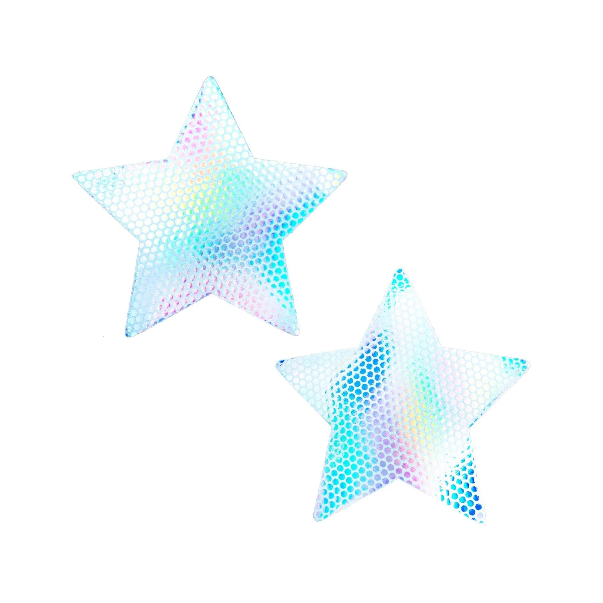 Swimsuit-material adhesive self-adhesive self-adhering medical-grade accessories intimates pasties nipple nipple-pasties nipple-covers breast-petals star star-shaped shiny starry-eyed ecstatic ecstasy fashion alt-fashion rave ravewear raver-babe festivalwear partywear costume cosplay halloween alien mermaid astronaut spaceman spacegirl space unisex lgbtq pride white hologram holographic iridescent 