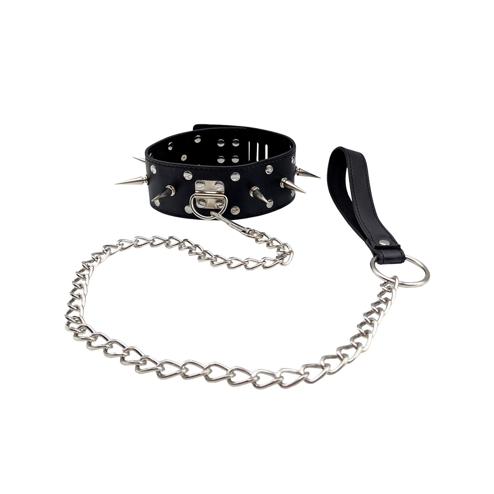 Leather faux-leather chain connecting-chain accessories collar choker leash lead spiked spikes spike studs studded rounded-studs riveted rivets detachable-chain spring-clasp lightweight adjustable wild fetish fashion alt-fashion punk bdsm bondage kink kinky kinky-play bdsm-gear sub submissive pet pet-play animal freaks adult-toys black silver 