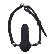 Lockable silicone dildo ball gag, black silicone mouth gag with dildo extension, adjustable BDSM strap, fetish gag accessory, bondage play adult toy