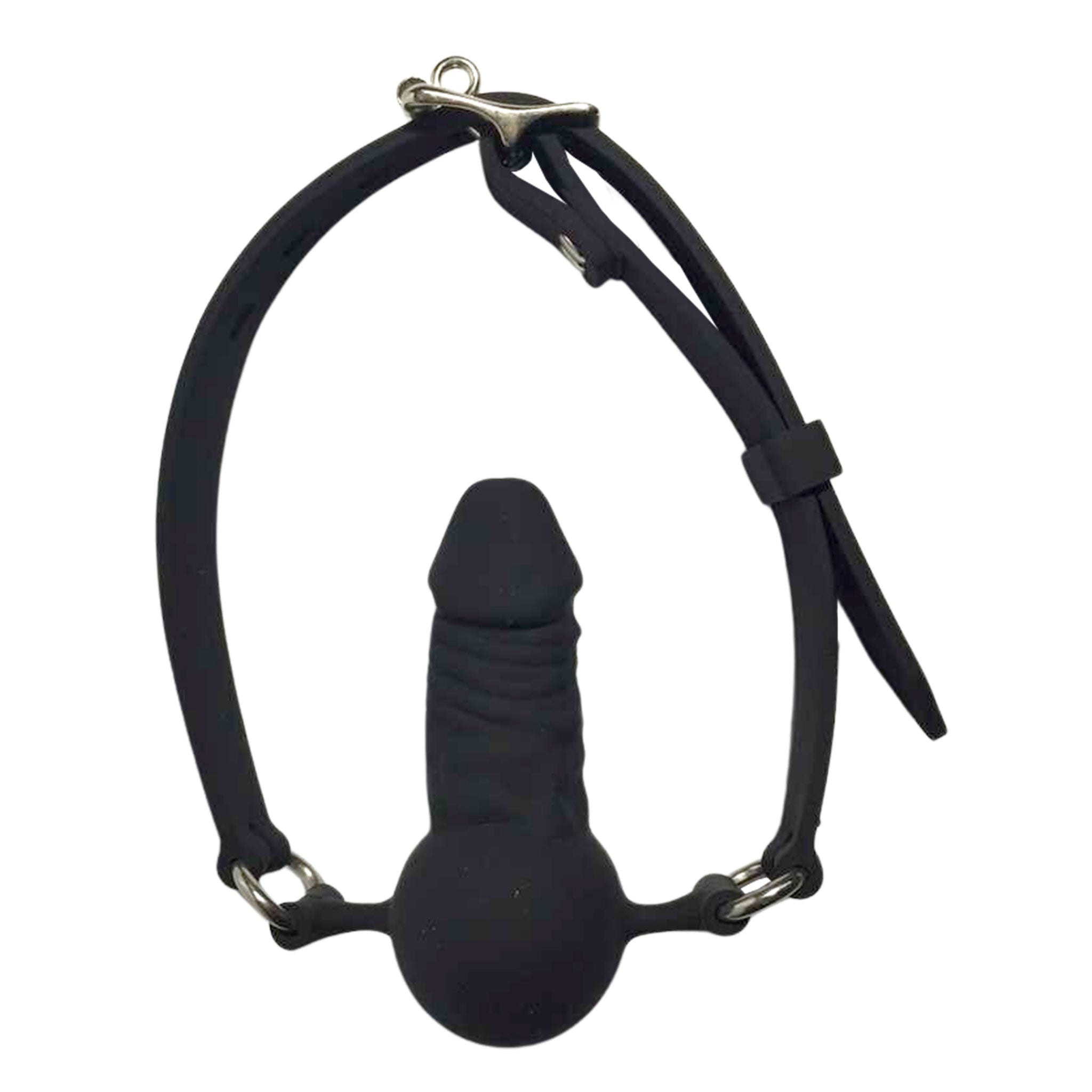 Lockable silicone dildo ball gag, black silicone mouth gag with dildo extension, adjustable BDSM strap, fetish gag accessory, bondage play adult toy
