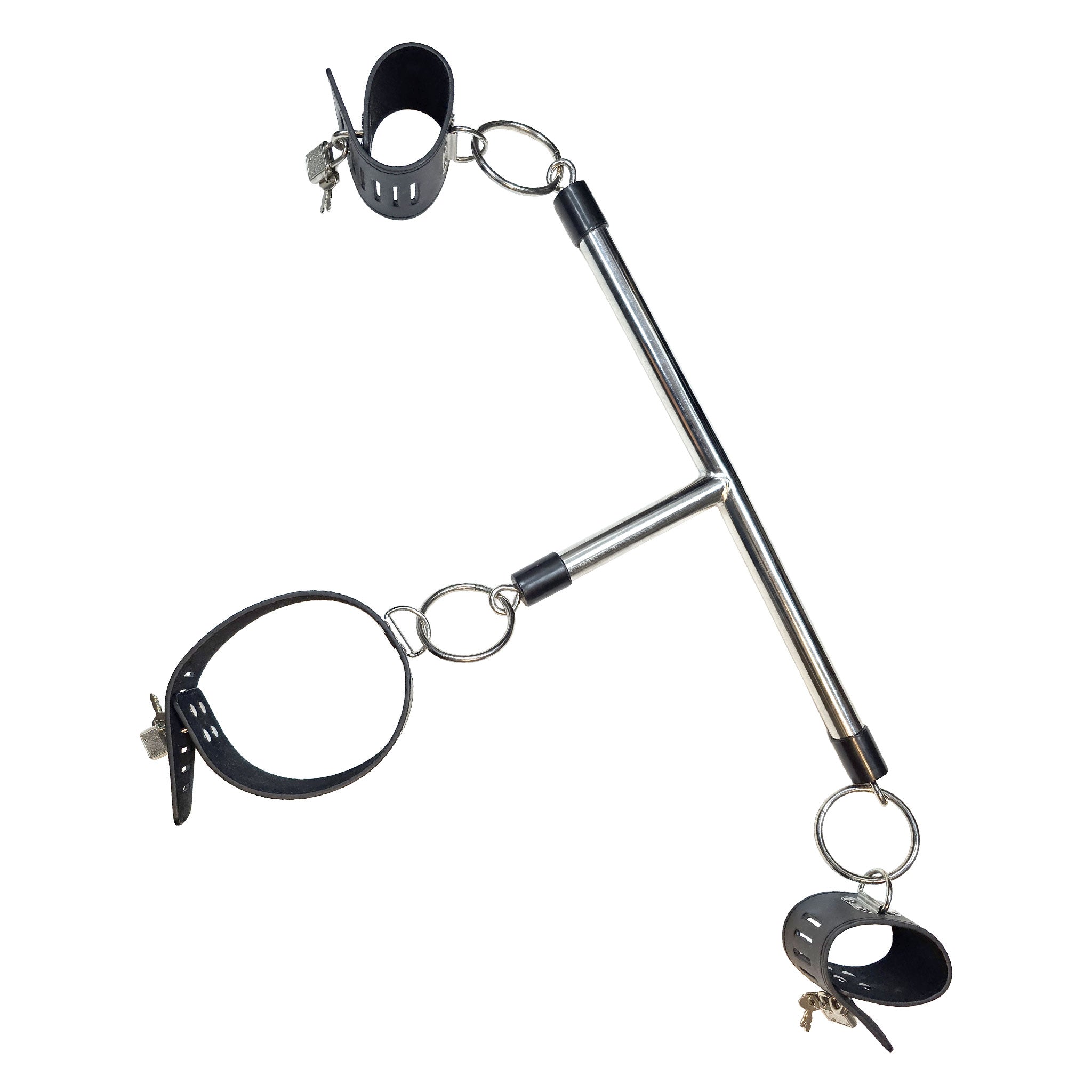 Leather latigo-leather stainless-steel rubber accessories restraints spreader-bar spreader t-shaped frame wrist-cuffs O-ring lockplate eyelet-screws collar adjustable lockable locking lightweight economy-line fetish fashion alt-fashion alternative bedroom dungeon fetishwear bondage bdsm bdsm-fashion bdsm-toys kink kinky kinky-tops kinky-play sub submissive submission unisex black