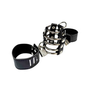 Leather faux-leather steel chastity male-chastity balls ballsack scrotum penis cock cock-cage cock-ring non-vibe cnb cbt cock&ball locking lockable brass-padlock ball-stretcher ball-strap cock-strap 3pc 3-piece three-piece comfortable secure fetish fashion alt-fashion bdsm bdsm-toys bondage kink kink kinky-play male masculine masc mens adult-toys black