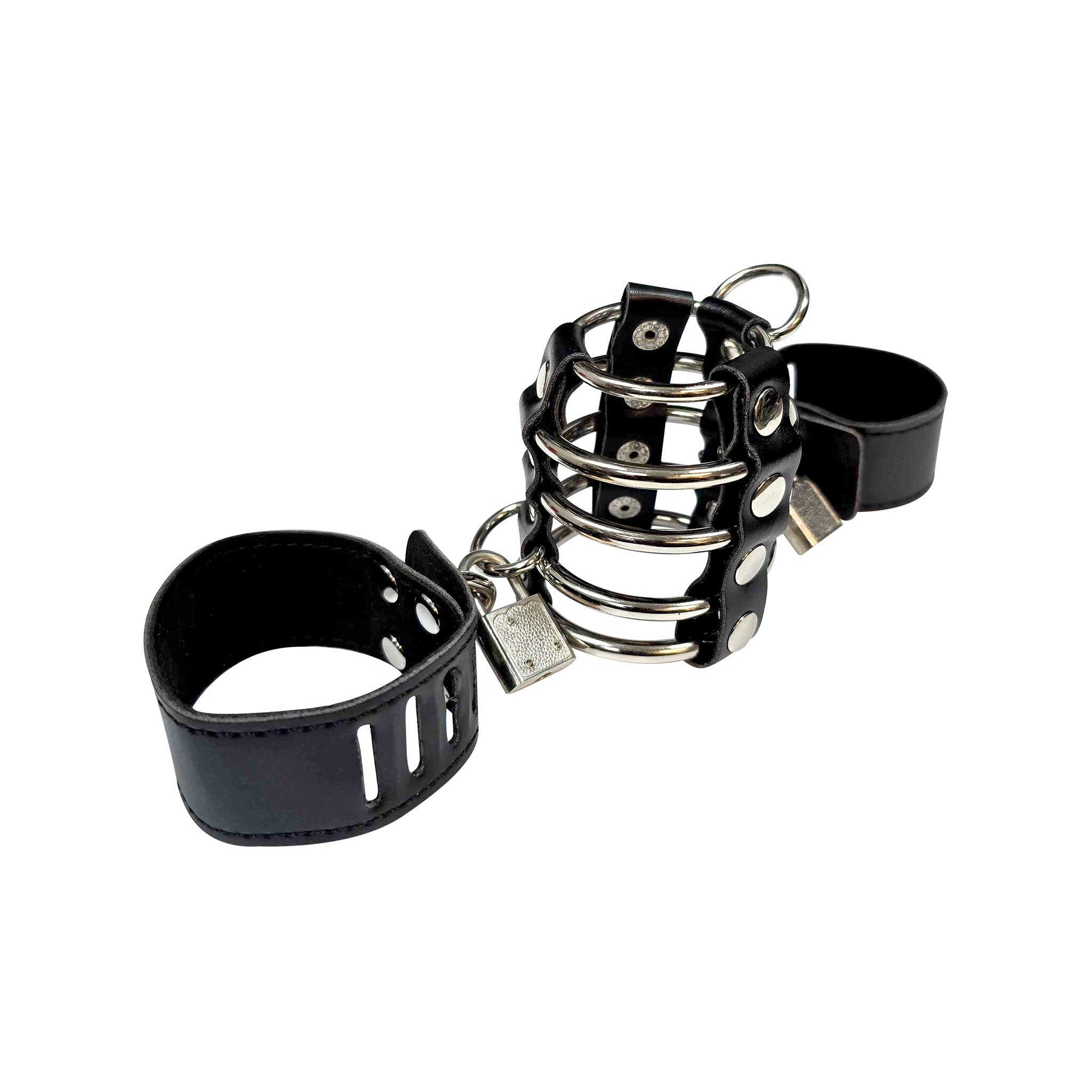 Leather faux-leather steel chastity male-chastity balls ballsack scrotum penis cock cock-cage cock-ring non-vibe cnb cbt cock&ball locking lockable brass-padlock ball-stretcher ball-strap cock-strap 3pc 3-piece three-piece comfortable secure fetish fashion alt-fashion bdsm bdsm-toys bondage kink kink kinky-play male masculine masc mens adult-toys black