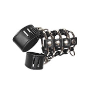 Leather faux-leather steel chastity male-chastity balls ballsack scrotum penis cock cock-cage cock-ring non-vibe cnb cbt cock&ball locking lockable brass-padlock ball-stretcher ball-strap cock-strap 3pc 3-piece three-piece comfortable secure fetish fashion alt-fashion bdsm bdsm-toys bondage kink kink kinky-play male masculine masc mens adult-toys black