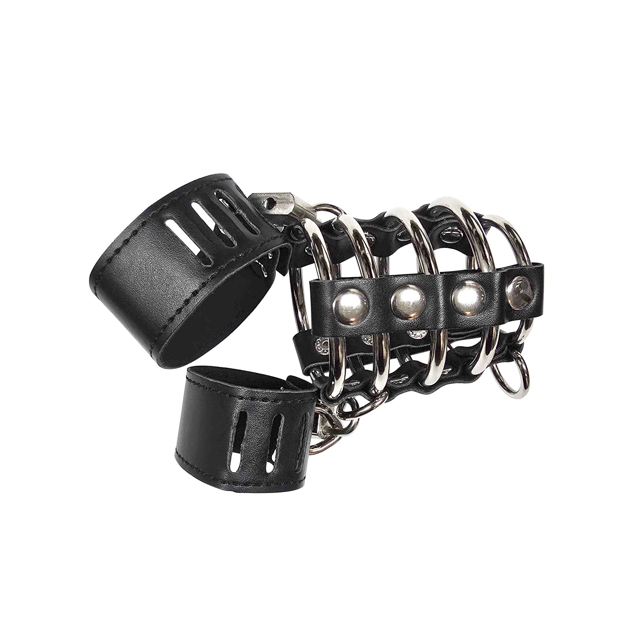 Leather faux-leather steel chastity male-chastity balls ballsack scrotum penis cock cock-cage cock-ring non-vibe cnb cbt cock&ball locking lockable brass-padlock ball-stretcher ball-strap cock-strap 3pc 3-piece three-piece comfortable secure fetish fashion alt-fashion bdsm bdsm-toys bondage kink kink kinky-play male masculine masc mens adult-toys black