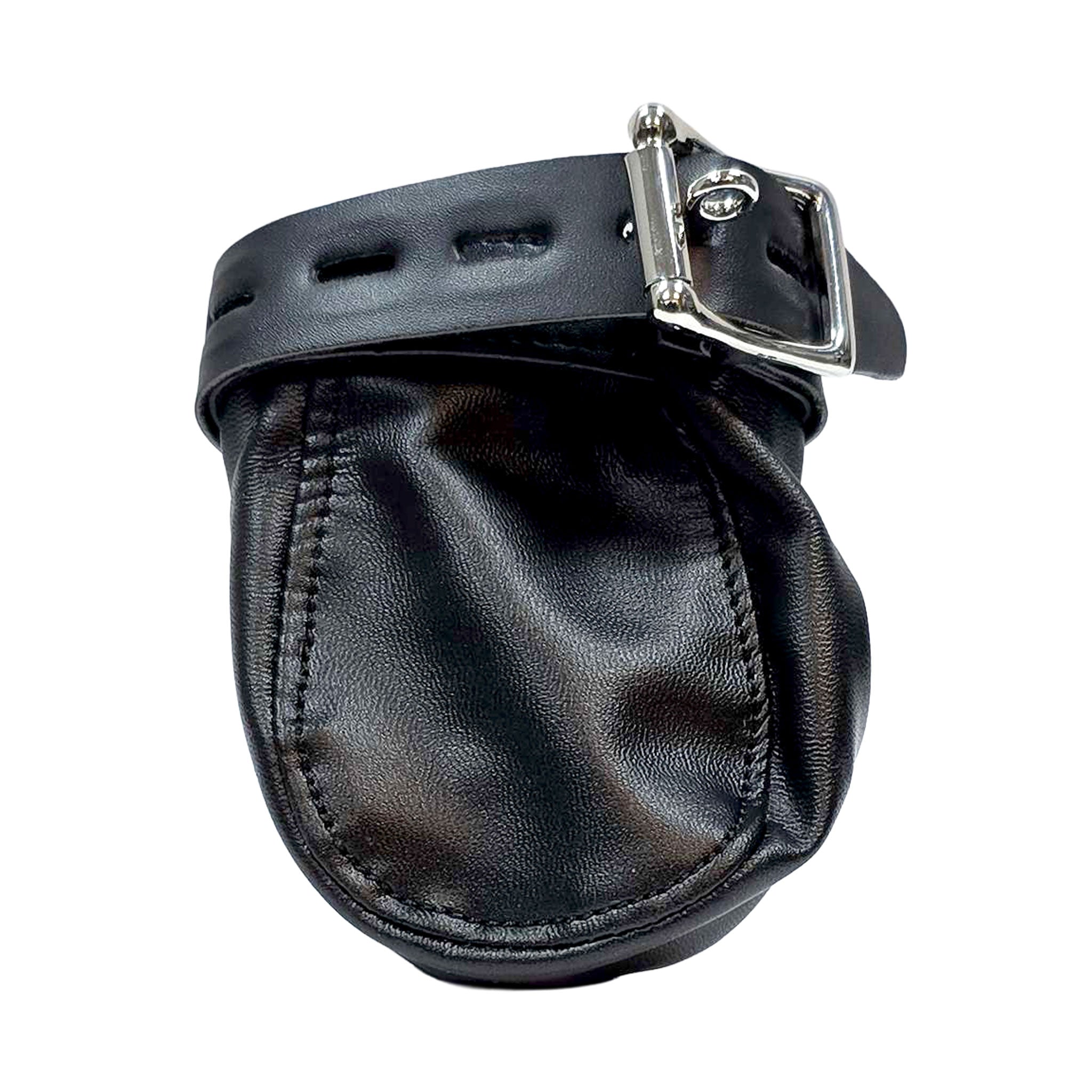 Leather vegan-leather accessories chastity male-chastity chastity-pouch chastity-mitt mitt penis-mitt cnb cbt cock&ball cock-and-ball cock ball adjustable buckle locking lockable soft control sleek enclosing confining confinement vulnerable tease secure tamper-evident fetish fashion alt-fashion bondage bdsm bdsm-gear bdsm-play kink kinky kinky-play sub submissive submission restraint denial sensory sensory-play adult-toys male masculine masc mens menswear guys dudes black