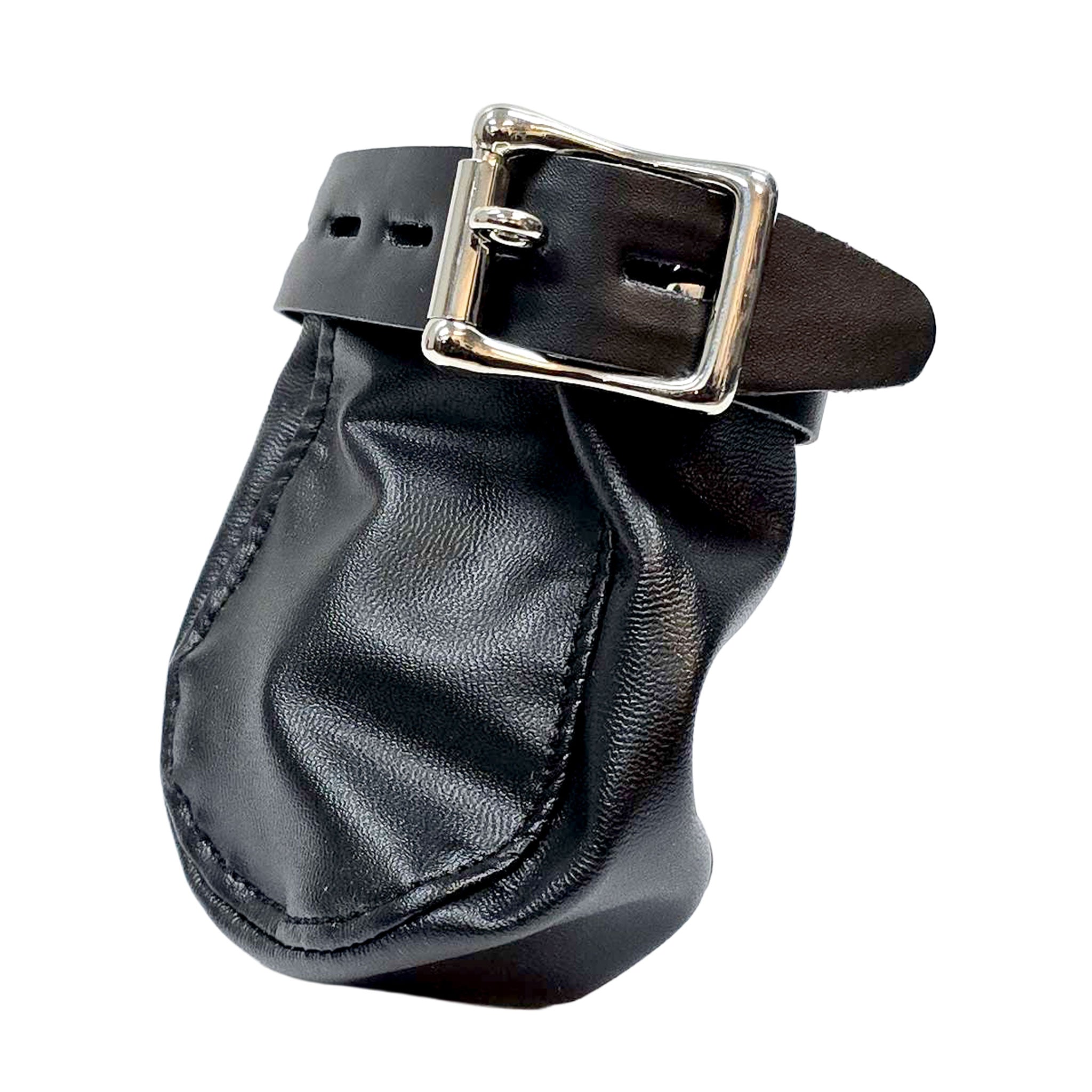 Leather vegan-leather accessories chastity male-chastity chastity-pouch chastity-mitt mitt penis-mitt cnb cbt cock&ball cock-and-ball cock ball adjustable buckle locking lockable soft control sleek enclosing confining confinement vulnerable tease secure tamper-evident fetish fashion alt-fashion bondage bdsm bdsm-gear bdsm-play kink kinky kinky-play sub submissive submission restraint denial sensory sensory-play adult-toys male masculine masc mens menswear guys dudes black