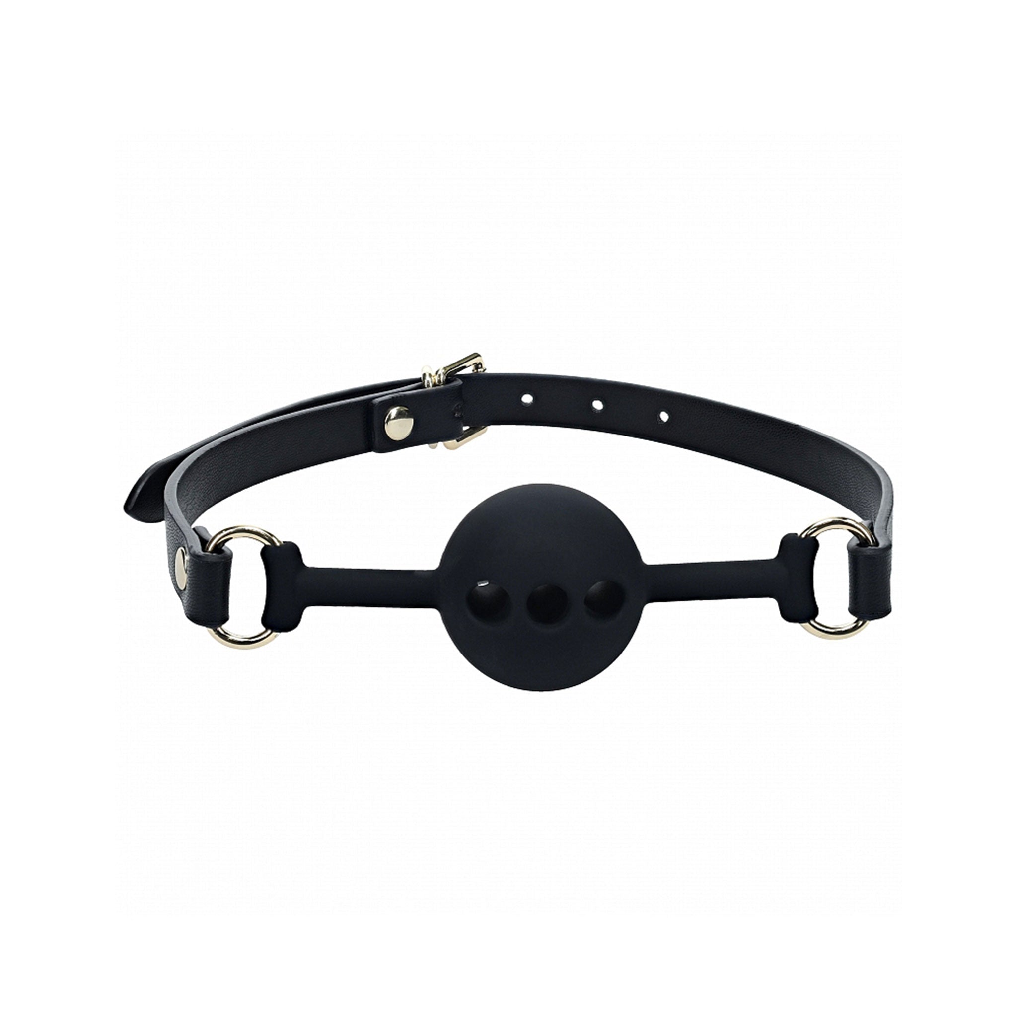 Leather adjustable buckle silicone gag mouth ball breathable ventilated bdsm bdsm-play bdsm-gear bondage restraint kink kinky kinky-play dark seductive sultry accessories london black gold