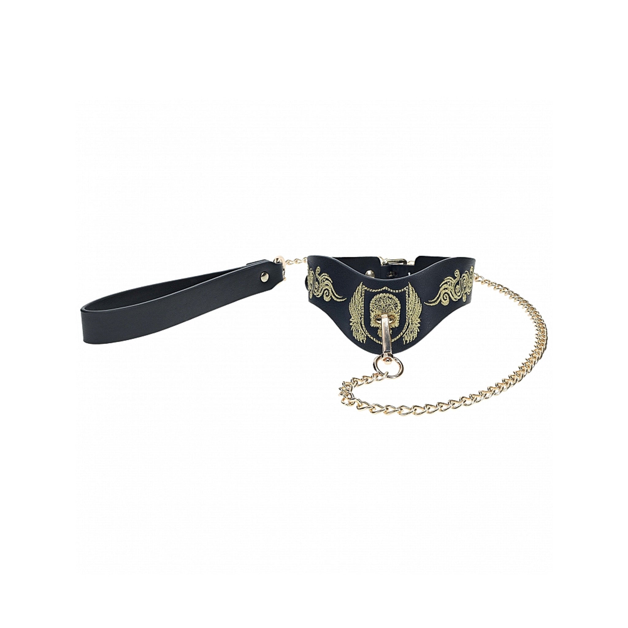 Bonded-leather restraint restraints collar choker embroidered embroidery leash lead chain bondage bdsm bdsm-gear fetish fetish-fashion black gold