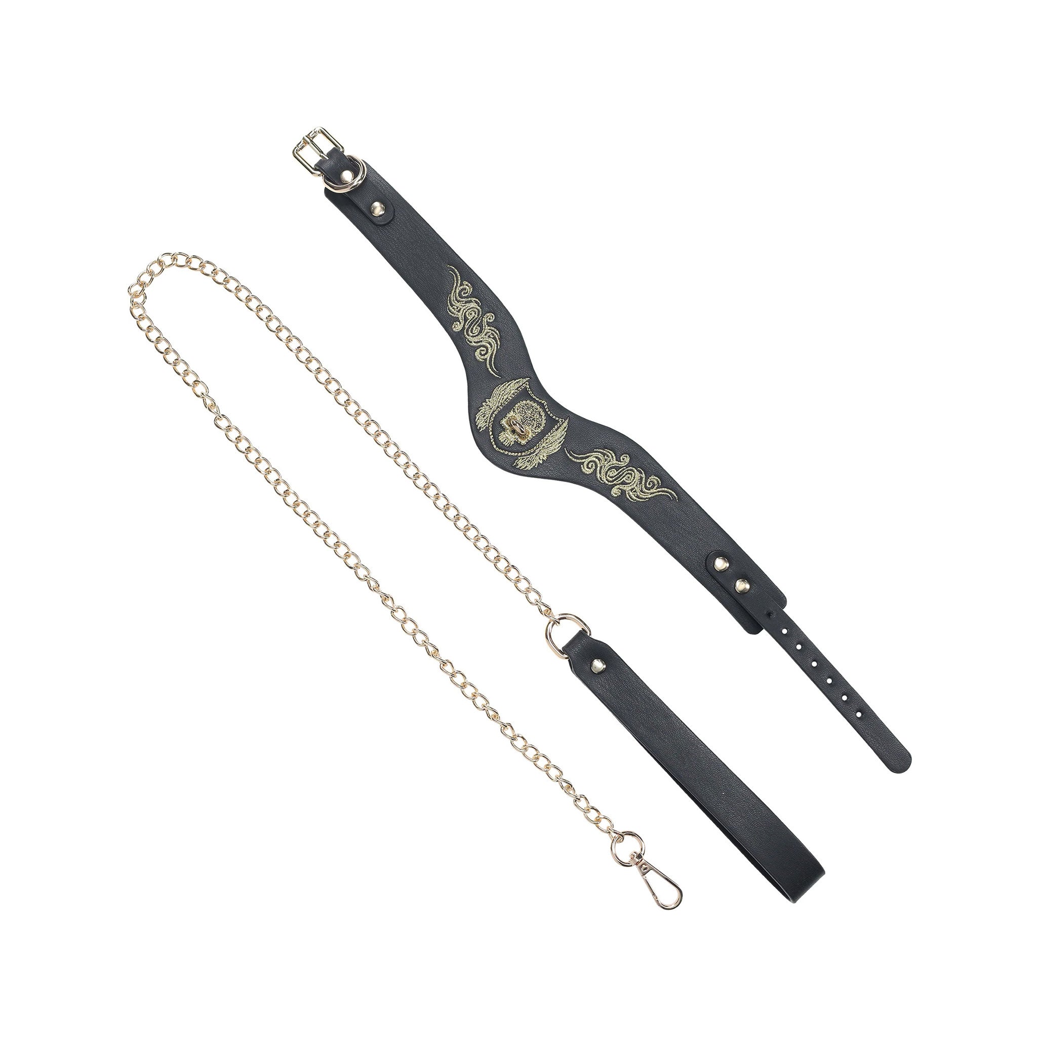 Bonded-leather restraint restraints collar choker embroidered embroidery leash lead chain bondage bdsm bdsm-gear fetish fetish-fashion black gold