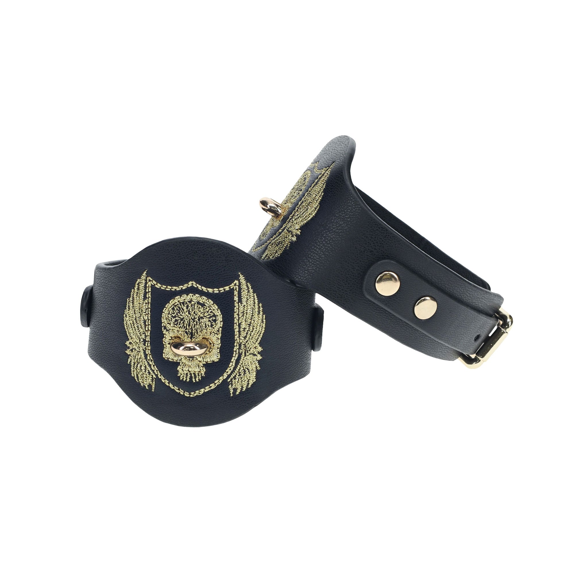 Bonded-leather PU PVC restraint restraints cuffs wrist wrist-cuffs wristcuffs chain bondage bdsm bdsm-gear fetish fetish-fashion black gold