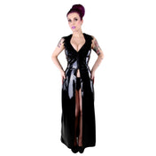 PVC vinyl dress gown slip long sleeveless front-slit high-slit front-zip zipper feathers neckline deep-neckline V-neckline pleated ankle-length shiny glossy magnificent leggy seductive silky elegant fetish fashion alt-fashion alternative goth gothic eveningwear bedroom bdsm-fashion dominatrix-fashion costume cosplay halloween female femme feminine women black