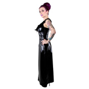 PVC vinyl dress gown slip long sleeveless front-slit high-slit front-zip zipper feathers neckline deep-neckline V-neckline pleated ankle-length shiny glossy magnificent leggy seductive silky elegant fetish fashion alt-fashion alternative goth gothic eveningwear bedroom bdsm-fashion dominatrix-fashion costume cosplay halloween female femme feminine women black