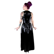 PVC vinyl dress gown slip long sleeveless front-slit high-slit front-zip zipper feathers neckline deep-neckline V-neckline pleated ankle-length shiny glossy magnificent leggy seductive silky elegant fetish fashion alt-fashion alternative goth gothic eveningwear bedroom bdsm-fashion dominatrix-fashion costume cosplay halloween female femme feminine women black