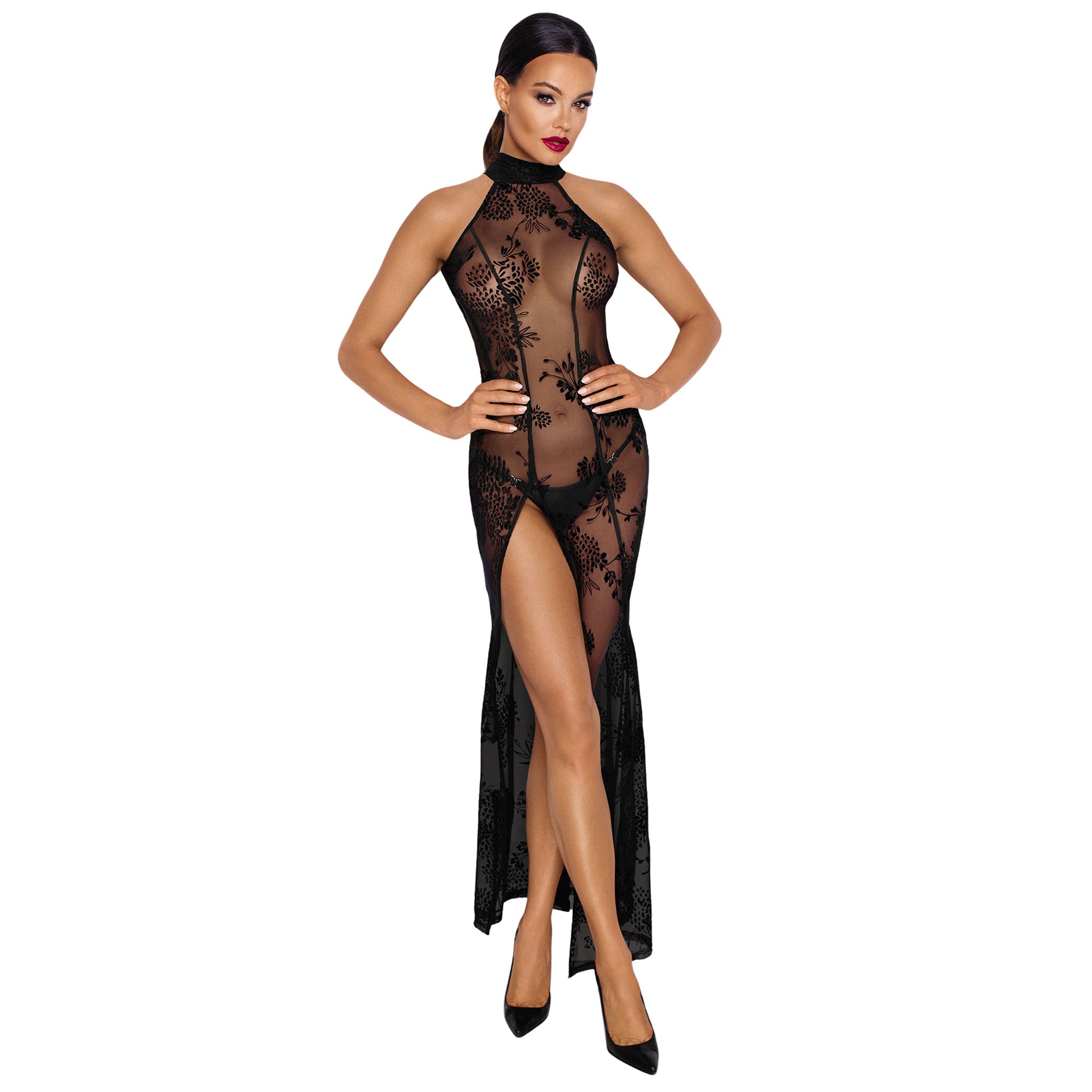Tulle dress long flocked flocking velvet pattern sleeveless high neck high-slit high slit open-back collar curvy sexy elegant seductive queen-size queen sized plus-size plus-sized black