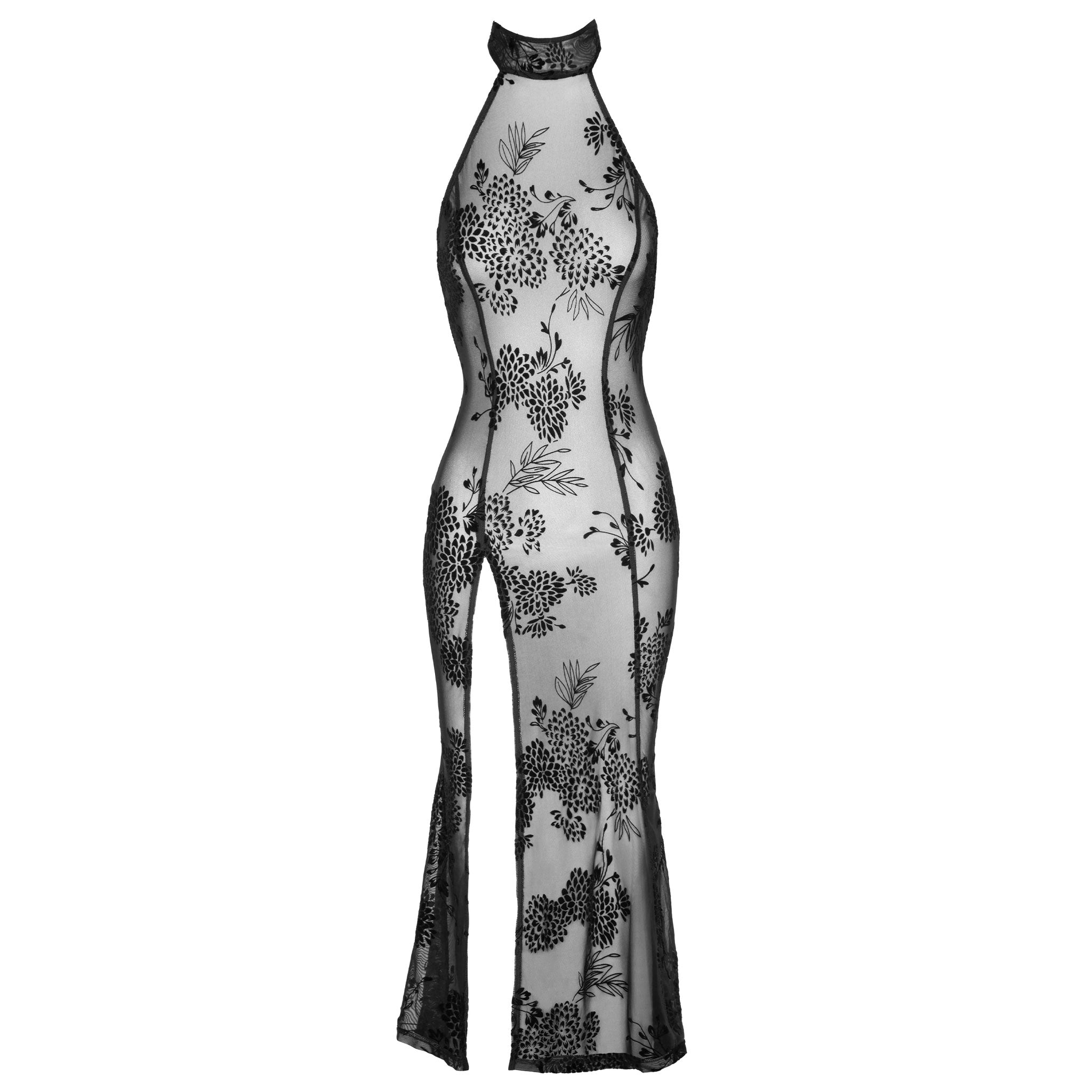 Tulle dress long flocked flocking velvet pattern sleeveless high neck high-slit high slit open-back collar curvy sexy elegant seductive queen-size queen sized plus-size plus-sized black