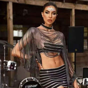 Nylon rhinestone apparel top bolero longsleeve long-sleeve sleeves sleeved billowing-sleeve slit-sleeves poet-sleeves draped-strands cutout cut-out ruffled-cuffs bold variable versatile alluring sparkling fetish fashion alt-fashion clubwear dancewear eveningwear female femme feminine womens black
