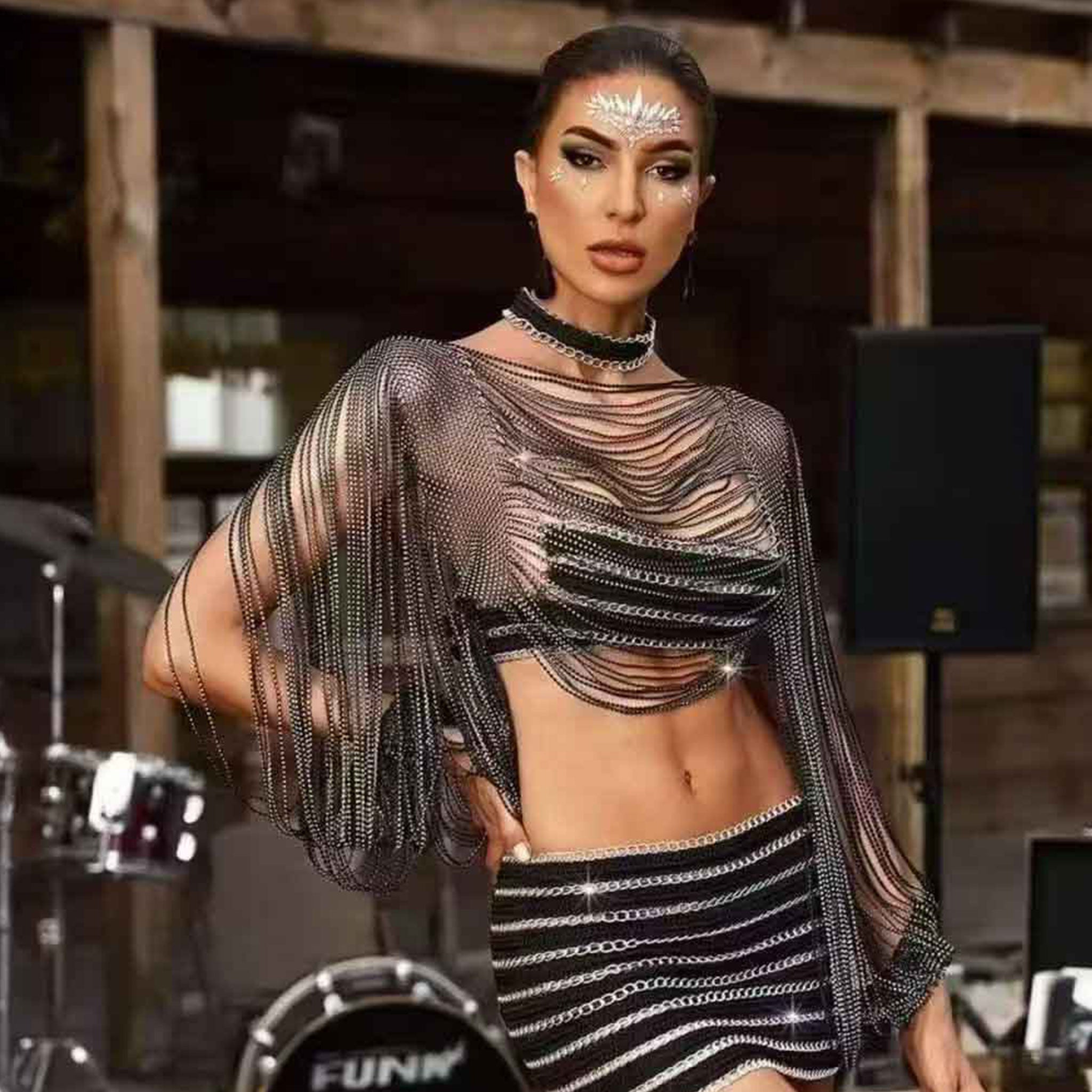 Nylon rhinestone apparel top bolero longsleeve long-sleeve sleeves sleeved billowing-sleeve slit-sleeves poet-sleeves draped-strands cutout cut-out ruffled-cuffs bold variable versatile alluring sparkling fetish fashion alt-fashion clubwear dancewear eveningwear female femme feminine womens black