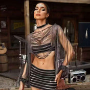 Nylon rhinestone apparel top bolero longsleeve long-sleeve sleeves sleeved billowing-sleeve slit-sleeves poet-sleeves draped-strands cutout cut-out ruffled-cuffs bold variable versatile alluring sparkling fetish fashion alt-fashion clubwear dancewear eveningwear female femme feminine womens black
