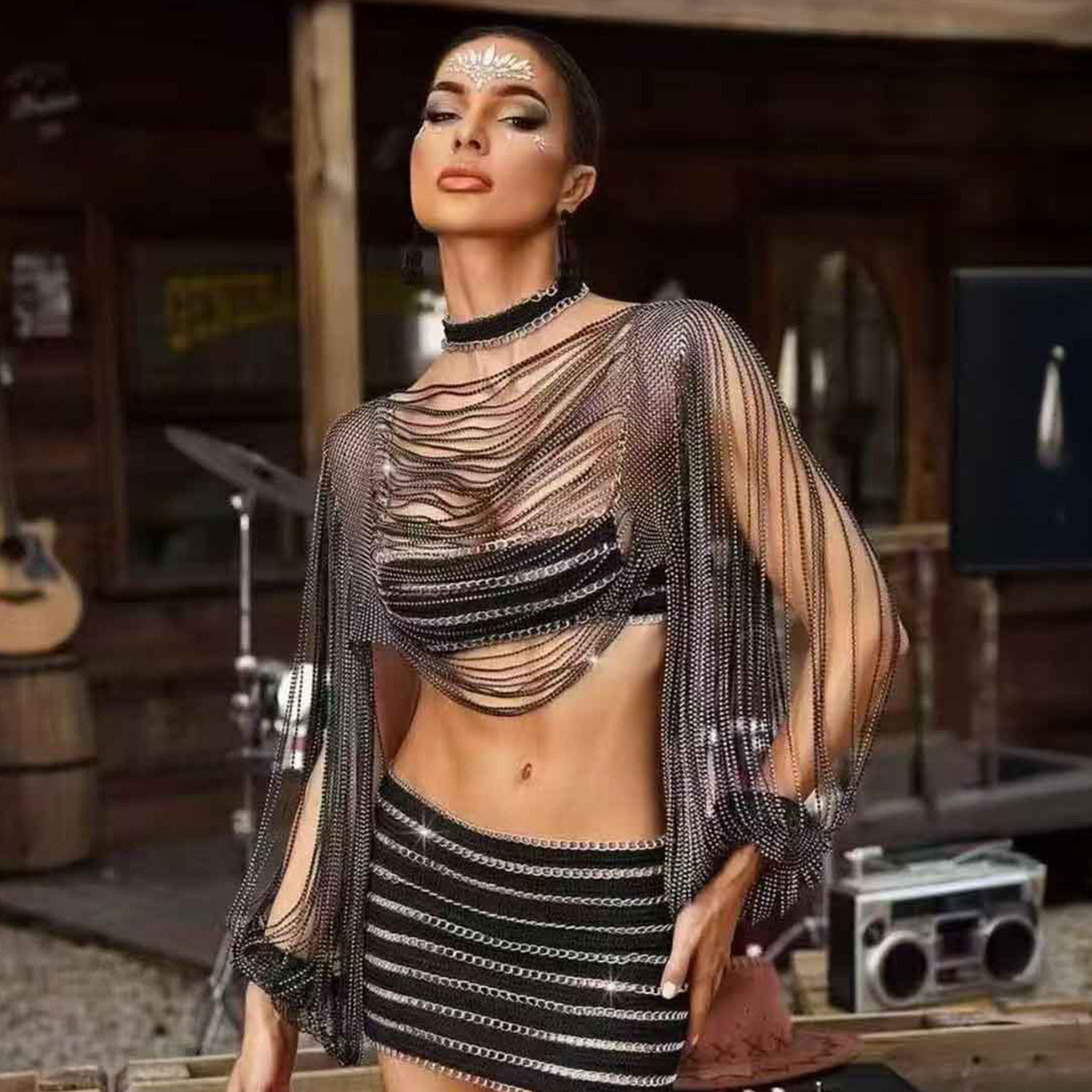 Nylon rhinestone apparel top bolero longsleeve long-sleeve sleeves sleeved billowing-sleeve slit-sleeves poet-sleeves draped-strands cutout cut-out ruffled-cuffs bold variable versatile alluring sparkling fetish fashion alt-fashion clubwear dancewear eveningwear female femme feminine womens black