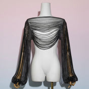 Nylon rhinestone apparel top bolero longsleeve long-sleeve sleeves sleeved billowing-sleeve slit-sleeves poet-sleeves draped-strands cutout cut-out ruffled-cuffs bold variable versatile alluring sparkling fetish fashion alt-fashion clubwear dancewear eveningwear female femme feminine womens black