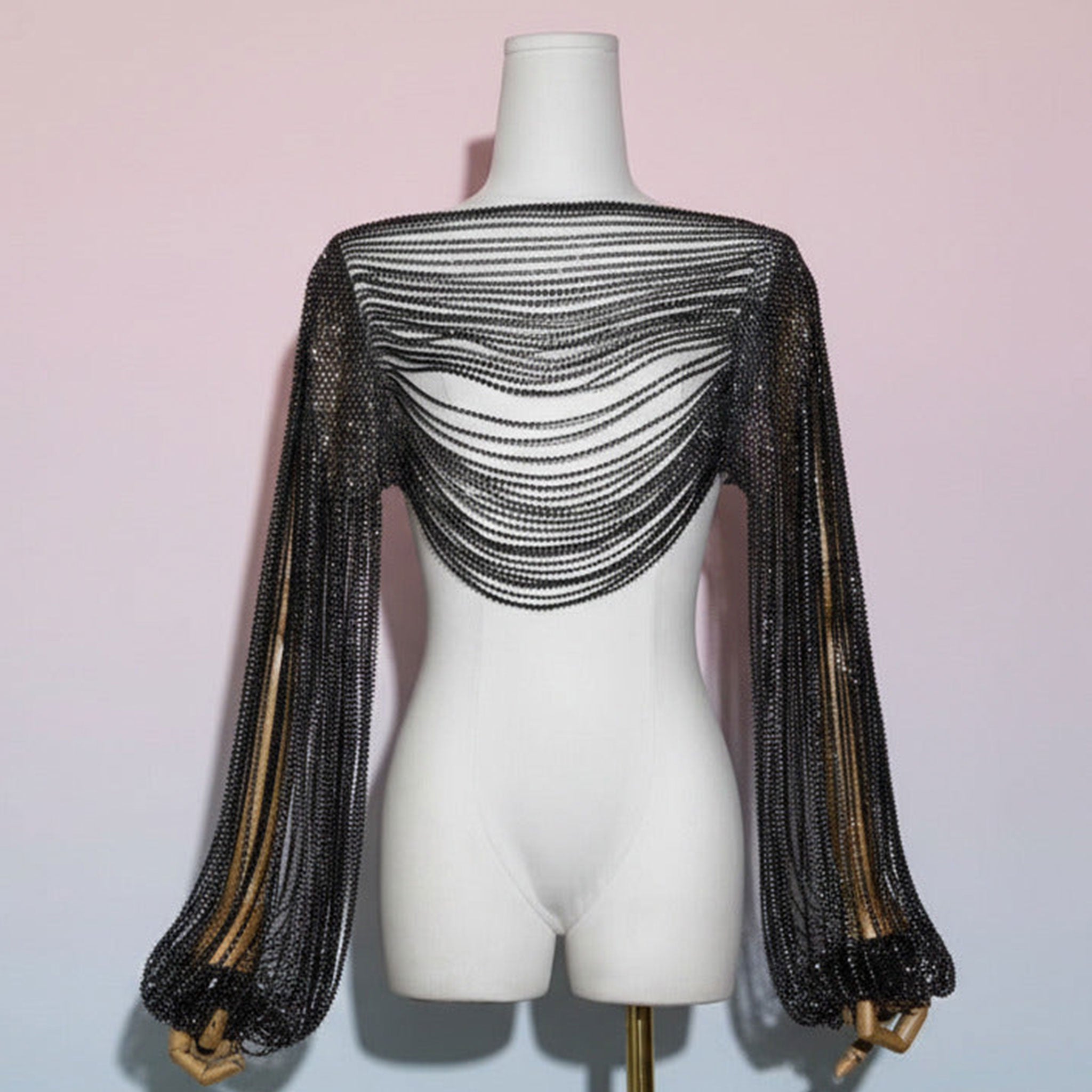 Nylon rhinestone apparel top bolero longsleeve long-sleeve sleeves sleeved billowing-sleeve slit-sleeves poet-sleeves draped-strands cutout cut-out ruffled-cuffs bold variable versatile alluring sparkling fetish fashion alt-fashion clubwear dancewear eveningwear female femme feminine womens black
