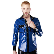 Latex rubber apparel top shirt dress-shirt latex-shirt long-sleeve longsleeve sleeves sleeved long breast-pocket pointed-collar collared-shirt button-up button-placket button-cuffs wide-cuffs snap-button press-stud studs studded front-closure shiny glossy reinforced elegant fashionable smart fetish fashion alt-fashion alternative fetishwear clubwear kink kinky kinkwear costume cosplay halloween male masculine masc mens menswear guys dudes blue nightshade-blue black