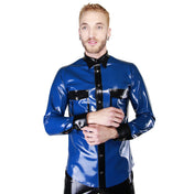 Latex rubber apparel top shirt dress-shirt latex-shirt long-sleeve longsleeve sleeves sleeved long breast-pocket pointed-collar collared-shirt button-up button-placket button-cuffs wide-cuffs snap-button press-stud studs studded front-closure shiny glossy reinforced elegant fashionable smart fetish fashion alt-fashion alternative fetishwear clubwear kink kinky kinkwear costume cosplay halloween male masculine masc mens menswear guys dudes blue nightshade-blue black