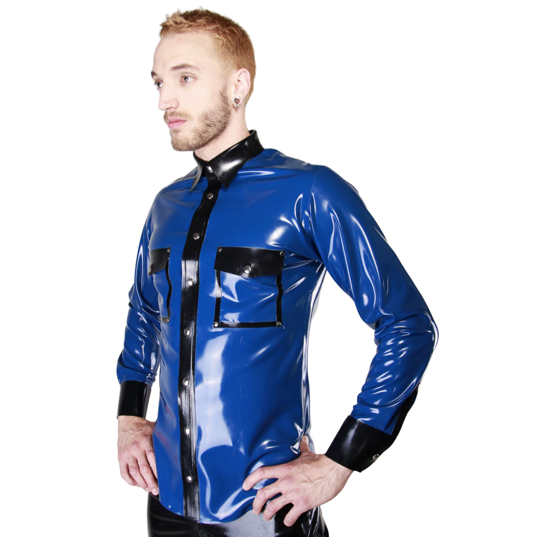 Latex rubber apparel top shirt dress-shirt latex-shirt long-sleeve longsleeve sleeves sleeved long breast-pocket pointed-collar collared-shirt button-up button-placket button-cuffs wide-cuffs snap-button press-stud studs studded front-closure shiny glossy reinforced elegant fashionable smart fetish fashion alt-fashion alternative fetishwear clubwear kink kinky kinkwear costume cosplay halloween male masculine masc mens menswear guys dudes blue nightshade-blue black
