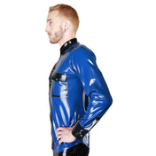Latex rubber apparel top shirt dress-shirt latex-shirt long-sleeve longsleeve sleeves sleeved long breast-pocket pointed-collar collared-shirt button-up button-placket button-cuffs wide-cuffs snap-button press-stud studs studded front-closure shiny glossy reinforced elegant fashionable smart fetish fashion alt-fashion alternative fetishwear clubwear kink kinky kinkwear costume cosplay halloween male masculine masc mens menswear guys dudes blue nightshade-blue black