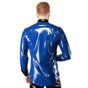 Latex rubber apparel top shirt dress-shirt latex-shirt long-sleeve longsleeve sleeves sleeved long breast-pocket pointed-collar collared-shirt button-up button-placket button-cuffs wide-cuffs snap-button press-stud studs studded front-closure shiny glossy reinforced elegant fashionable smart fetish fashion alt-fashion alternative fetishwear clubwear kink kinky kinkwear costume cosplay halloween male masculine masc mens menswear guys dudes blue nightshade-blue black